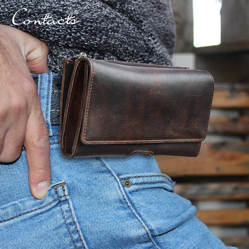 CONTACT'S Borsa da Cintura in Vera Pelle per Uomo, Piccola Tasca da Viaggio, Porta Telefono, Marsupio Casual Maschile, Borsa Designer