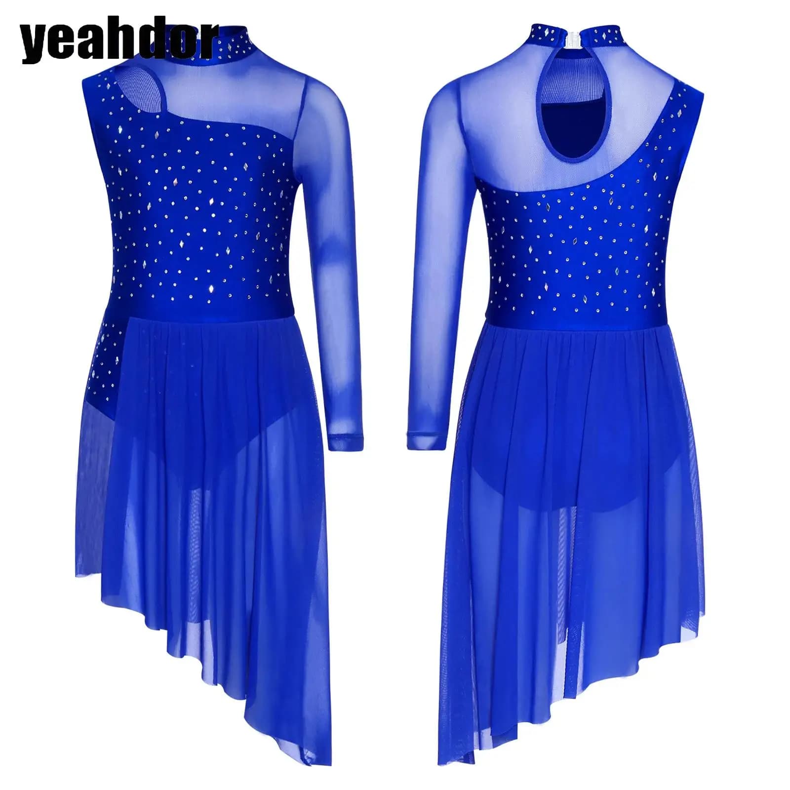 Vestito da ballo lirico per balletto per ragazze Costume da performance di pattinaggio di figura Strass Ginnastica Body con gonna sovrapposta in rete increspata