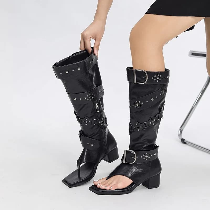 New Black Brown Rivet Belt Buckle Herringbone Clip Foot Roman Cool Boots Summer 5cm Thick Heel Exposed Toe Long Tube Thin Boots