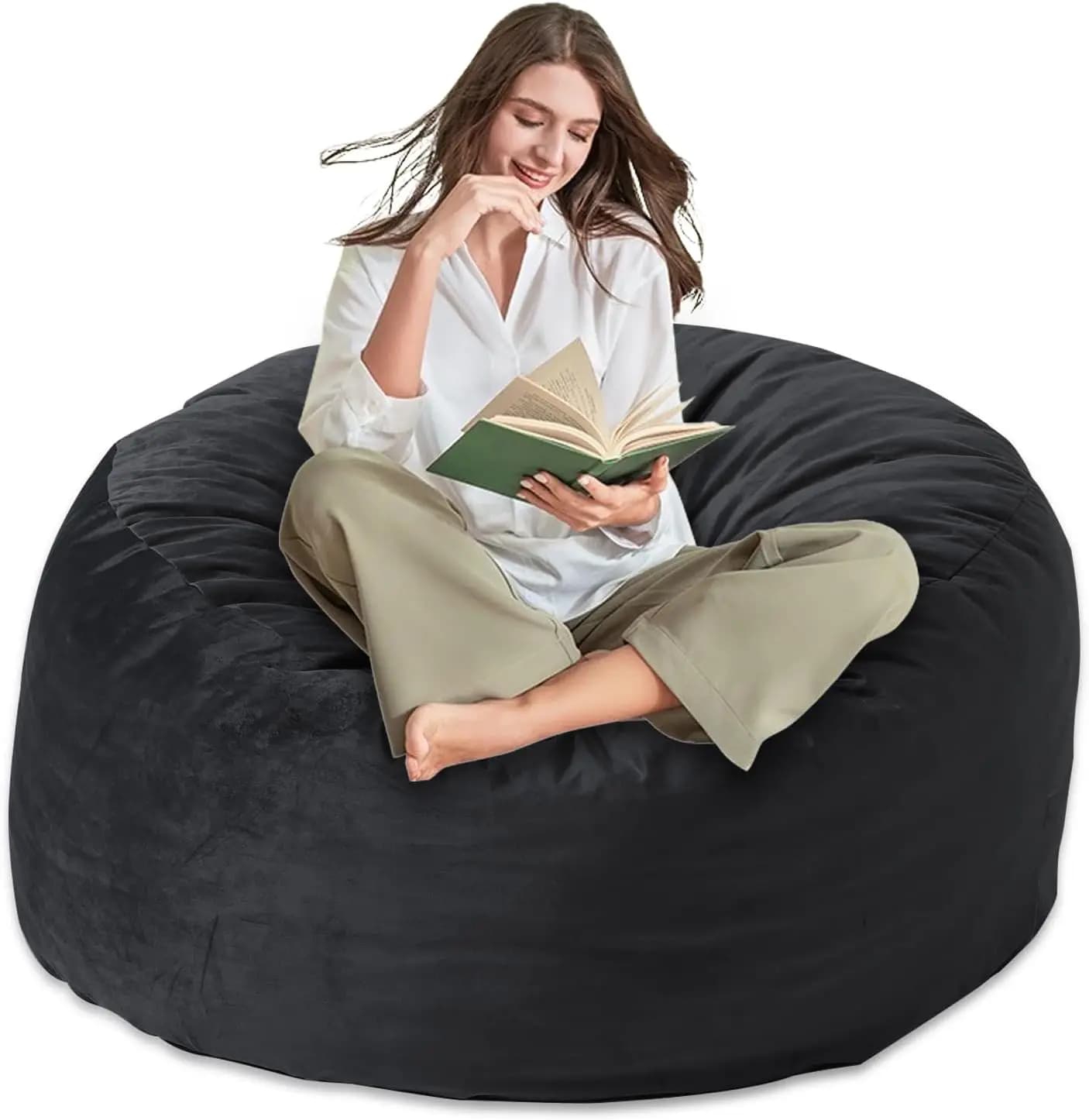 Poltrona Sacco Grande da 120 cm con Memory Foam, Rivestimento in Velluto Ultra Morbido Lavabile per Soggiorno, Camera da Letto, Sala Giochi - Nero