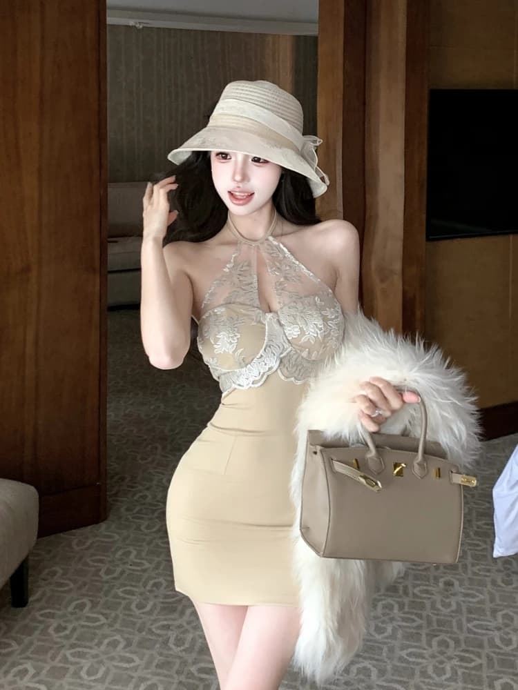 Lace Splice Backless Sleeveless Neck Hanging Dress Women's Slim Fit Waist Cinched Short Skirt Tight Bodycon Dress Autumn