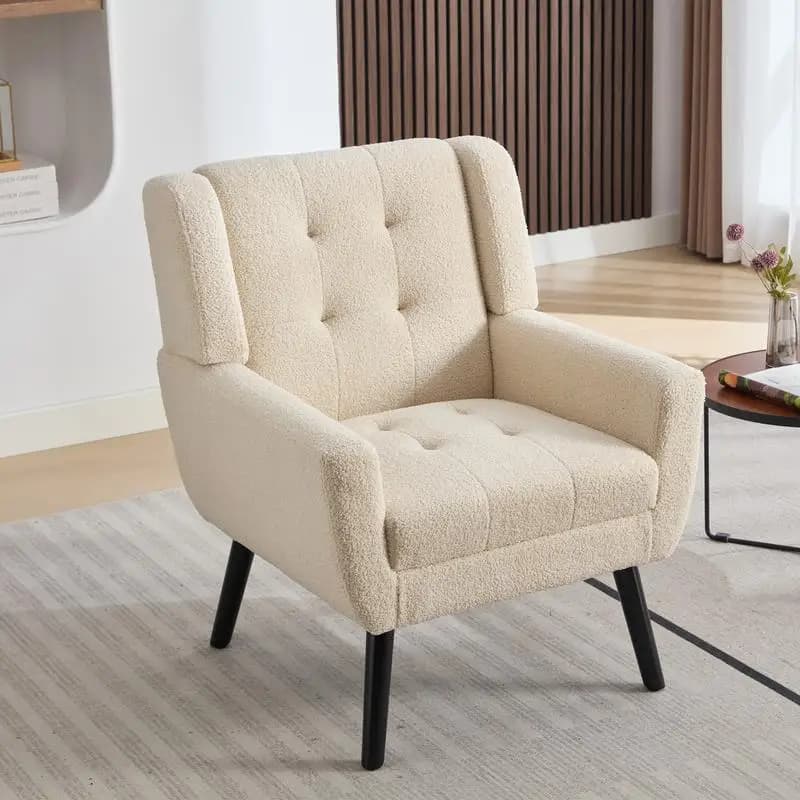 Sedia moderna con accento ergonomico in morbido tessuto Teddy per soggiorno, camera da letto, casa con gambe nere - Uso interno