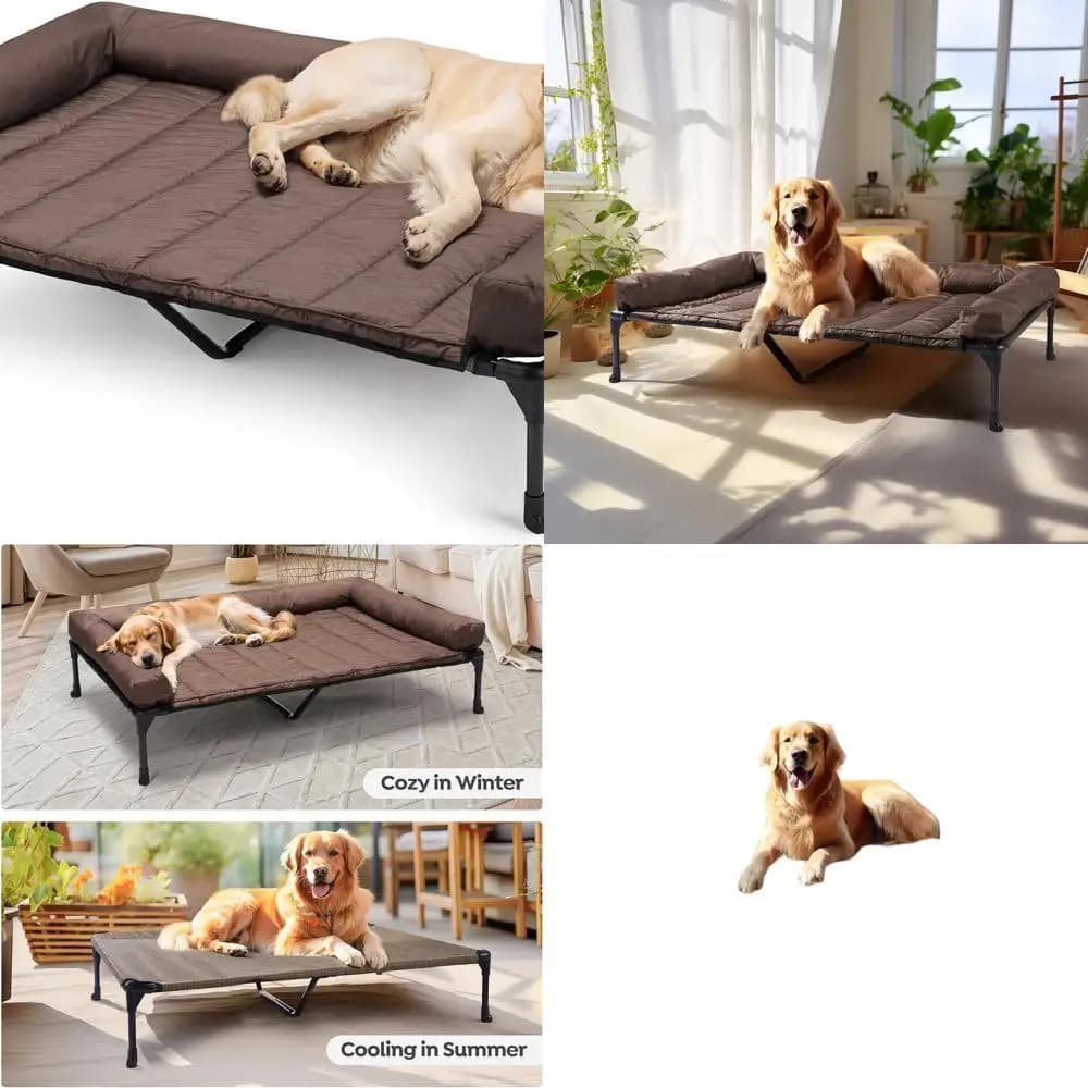 Letto per cani rialzato con cuscino impermeabile rimovibile e rete traspirante, lettino per animali domestici X-Large marrone per esterni