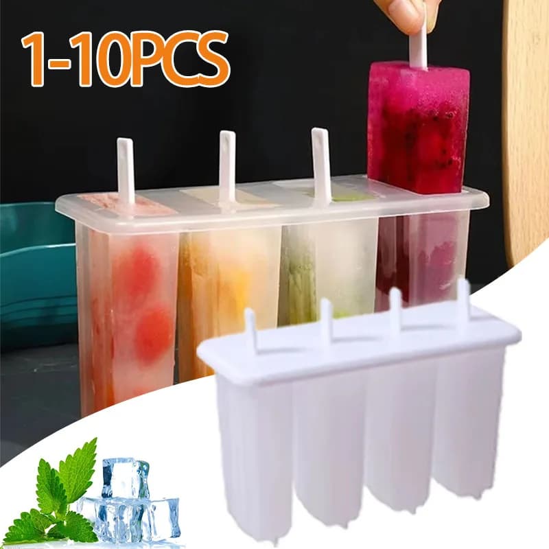 1-10PCS Stampo per ghiaccioli a 4 celle con coperchio Creatore di ghiaccioli fai-da-te BPA gratuito Vassoio per congelatore in plastica riutilizzabile Stampo per cono di neve per gelato fatto in casa