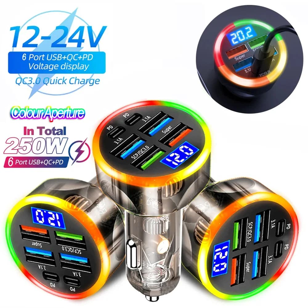 Caricabatteria da auto da 200 W QC3.0 Tipo-C Custodia trasparente a ricarica rapida PD per IPhone 15 14 13 12 Xiaomi Poco Samsung Caricabatterie rapido Ricarica