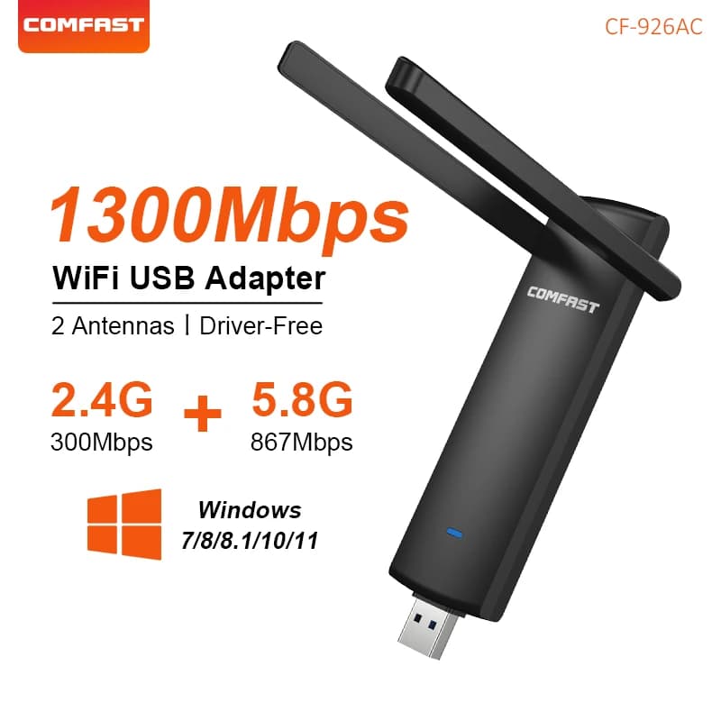 COMFAST 1300Mbps USB Wifi Adattatore 2.4G/5.8G Wi Fi Dongle Ricevitore 2-2dBi Antenne WIFI 5 Scheda di rete wireless per PC portatile