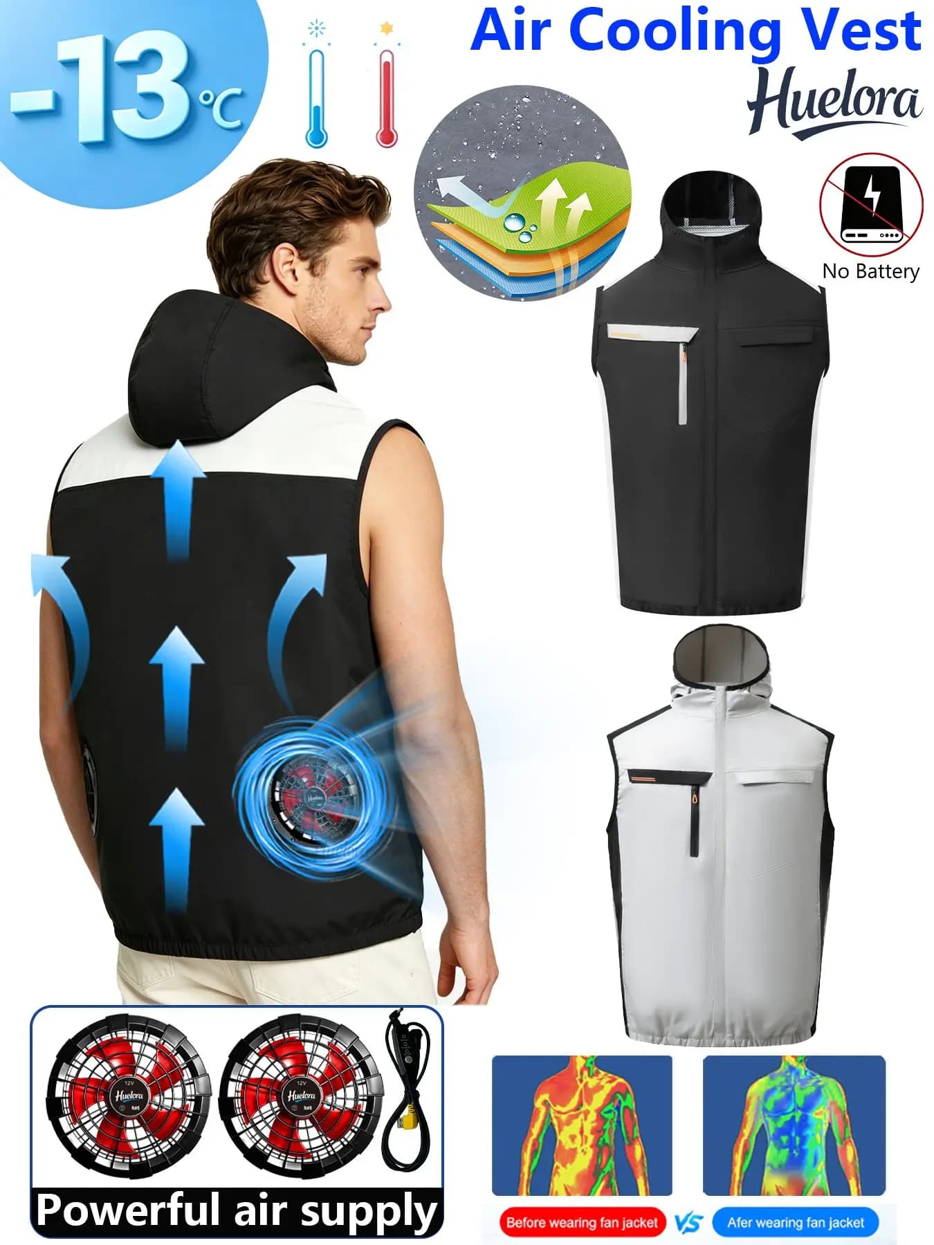 Men's Hooded Contrast USB Cooling Vest with Dual Fans, Summer Sleeveless Work Waistcoat for Outdoor Fishing