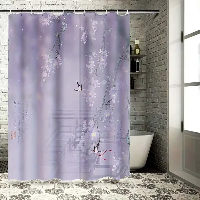 Elegante tenda da doccia con fiori viola con design tradizionale d'arte asiatica per l'arredamento del bagno, impermeabile, durevole, non trasparente