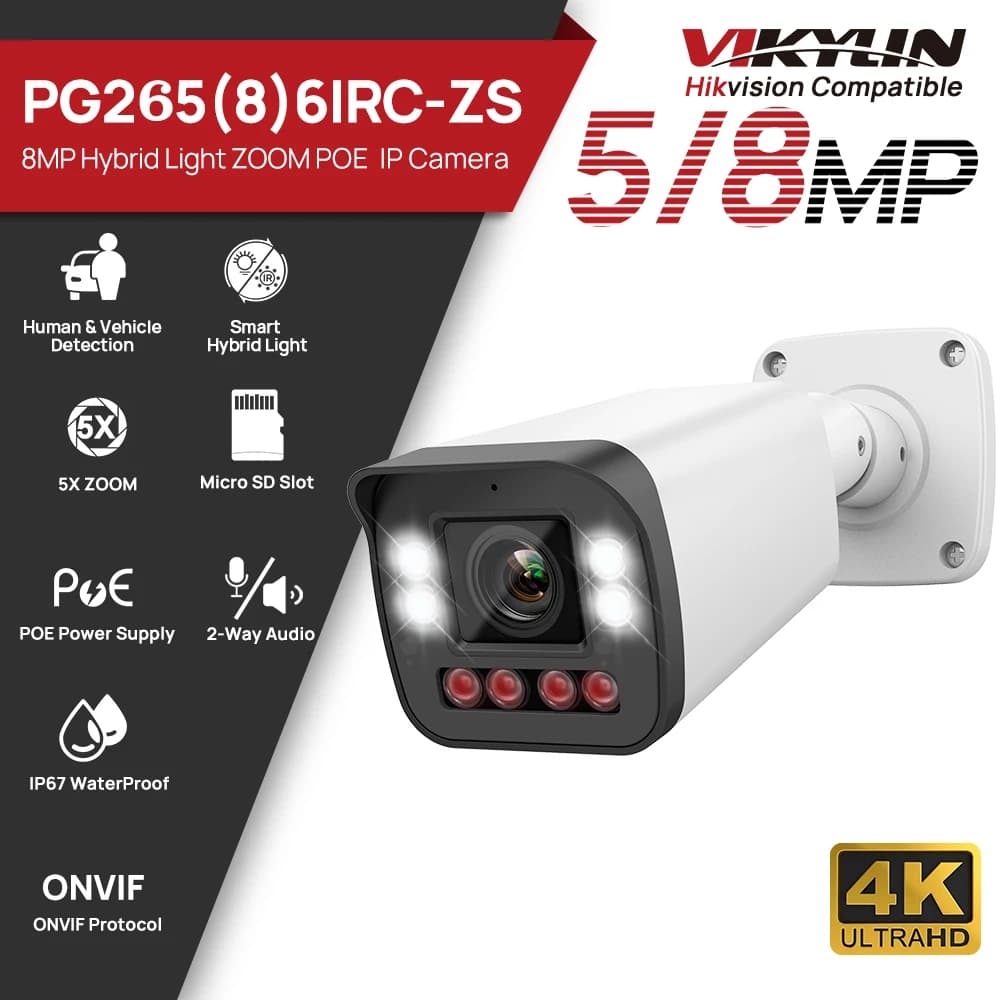 Telecamera IP Bullet VIKYLIN 5MP 8MP con Zoom 5X, Slot per Scheda SD, Audio Bidirezionale, Telecamera di Sorveglianza IP66, Telecamera di Sicurezza CCTV POE per Casa