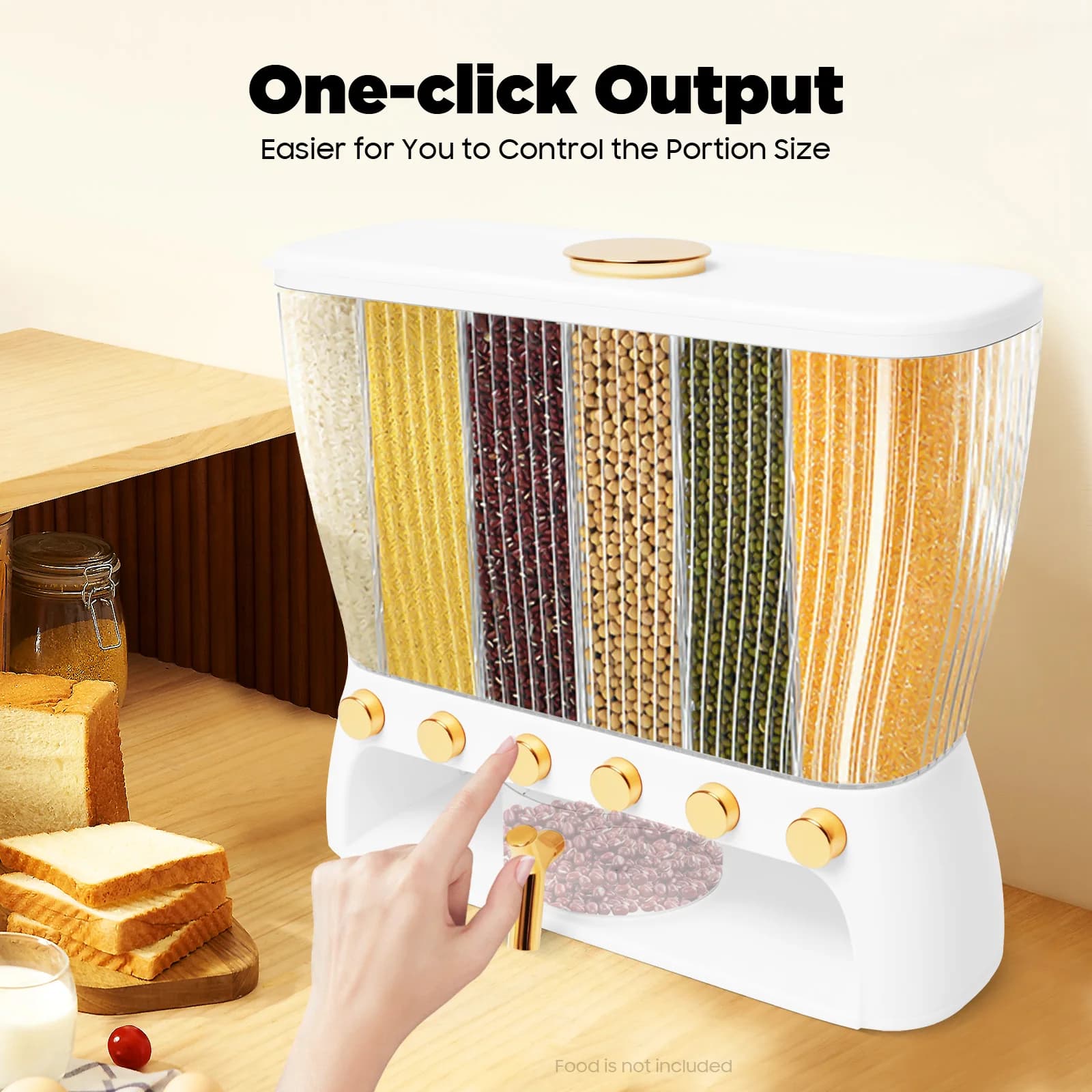 Dispenser per Alimenti Secchi a 6 Scomparti, Contenitore da 10kg con Pulsante Erogatore, Divisori Rimovibili, Organizzatore Trasparente per Cucina