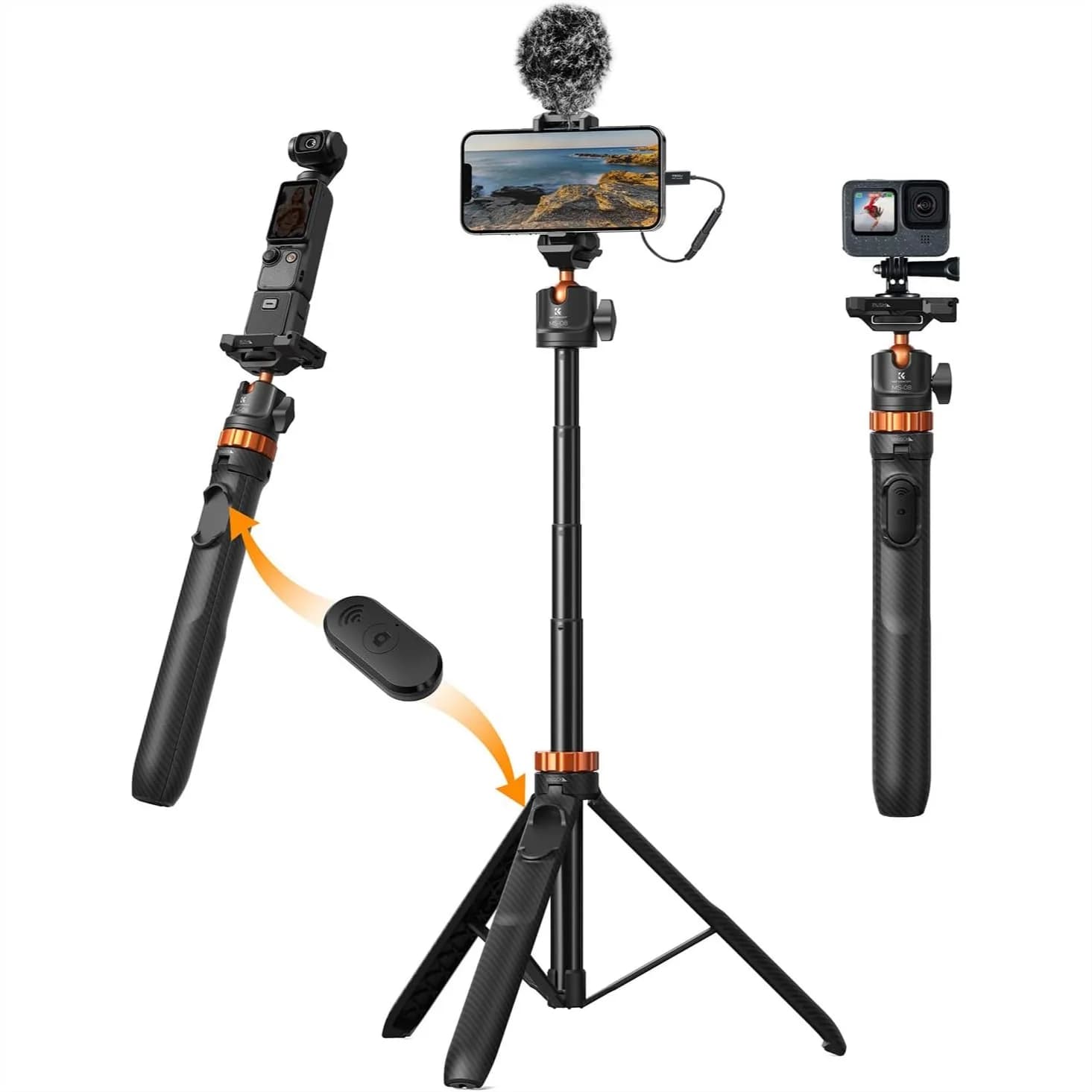 Treppiede per selfie da 62'' per telefono, supporto treppiede estensibile 2-in-1 con telecomando e rotazione a 360° ° Testa a sfera per smartphone e fotocamere