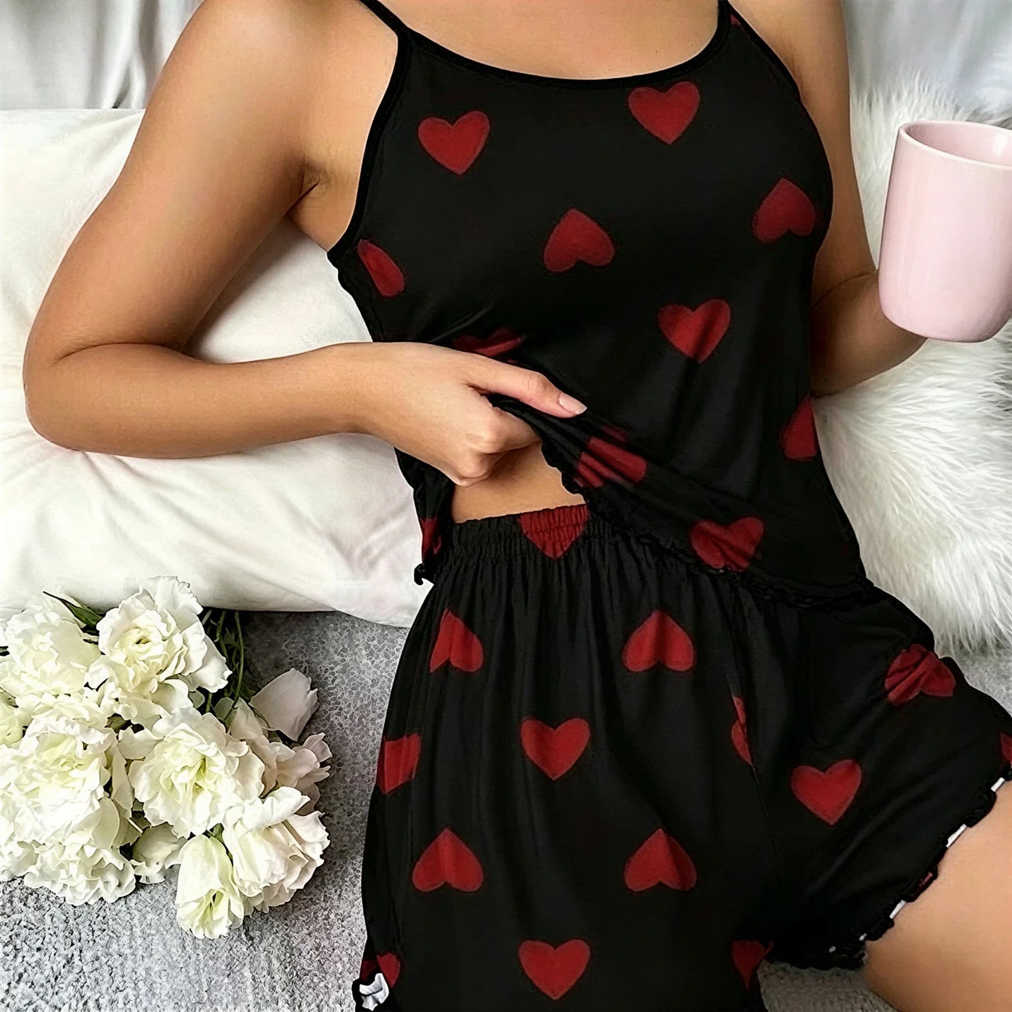 Cute Heart Print Satin Sleepwear Set Women Spaghetti Strap Ice Silk Pajamas Short Sleeveless Breathable Lounge Suit Girls Gifts