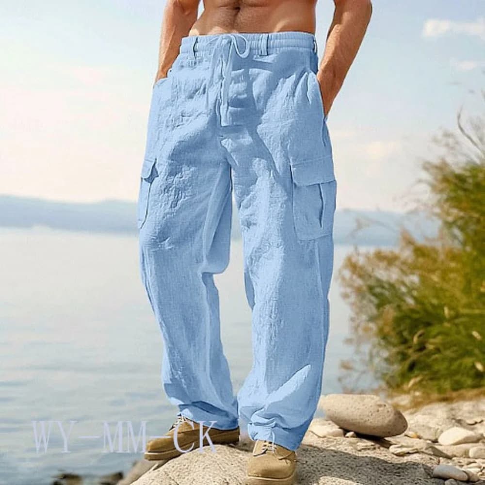 Pantaloni da uomo europei e americani in cotone e lino, multitasche, da lavoro, larghi, dritti, sportivi e casual