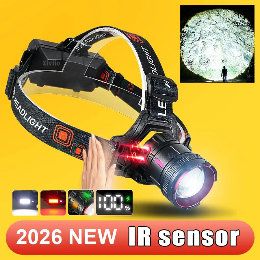 8000000LM Potente sensore IR Lampada frontale ricaricabile portatile Lampade frontali Forte luce LED Faro Pesca esterna Zoom Lampade