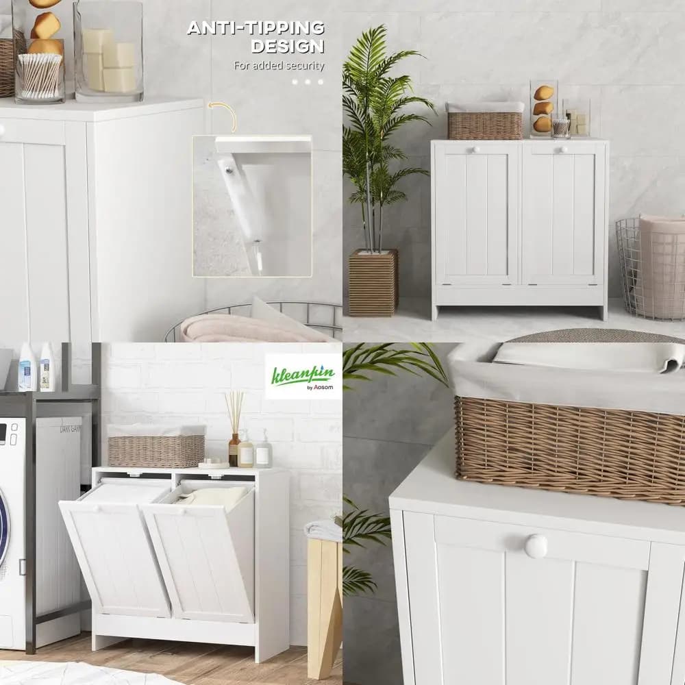 Dual-Bin Laundry Hamper with Storage and 19 Gallon Concealed Trash Bin Cabinet for Bathroom or Kitchen, White