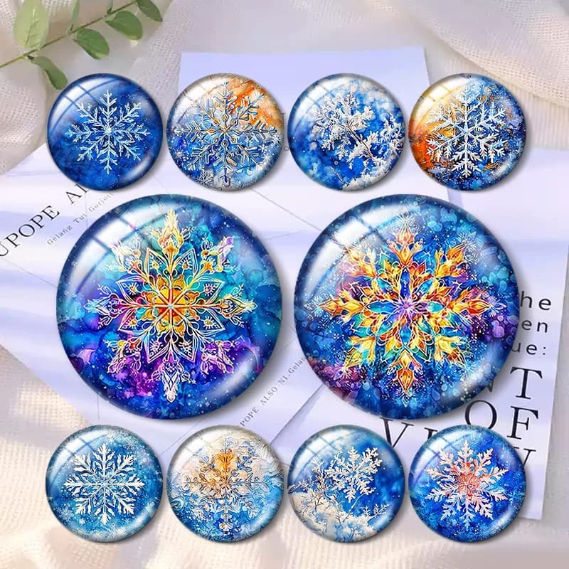 Watercolor Winter Snowflake 10pcs 12mm/18mm/20mm/25mm Round photo glass cabochon demo flat back Making findings