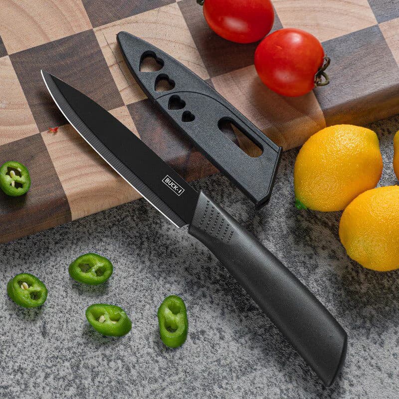 Set di coltelli da cucina 1/3/5 pezzi, coltello da frutta in acciaio inossidabile da 4 pollici con fodero, coltello a lama fissa nera con manico in plastica