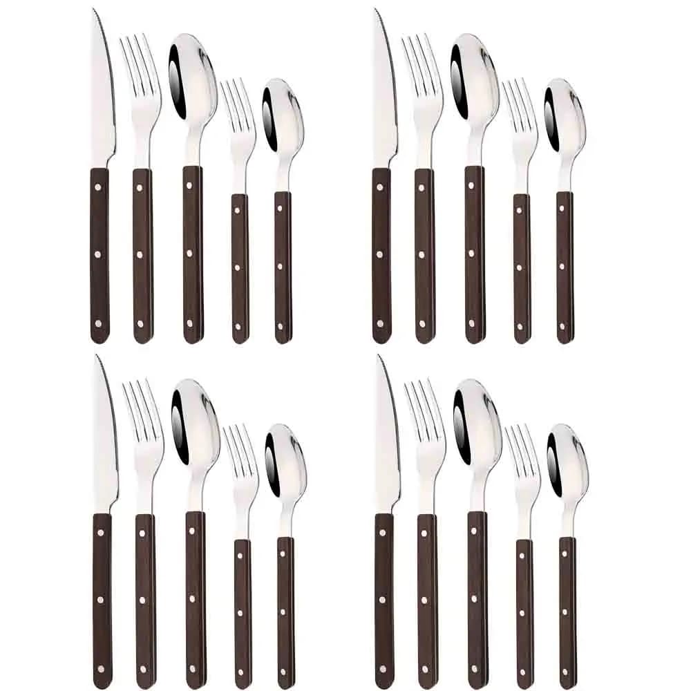 5/20 pezzi imitazione legno argento set di stoviglie coltello occidentale forchetta cucchiai set specchio posate in acciaio inossidabile set di posate da cucina