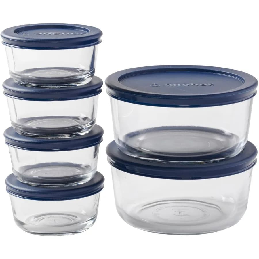 12-piece glass containers with lids (6 food glass containers and 6 navy blue SnugFit covers)