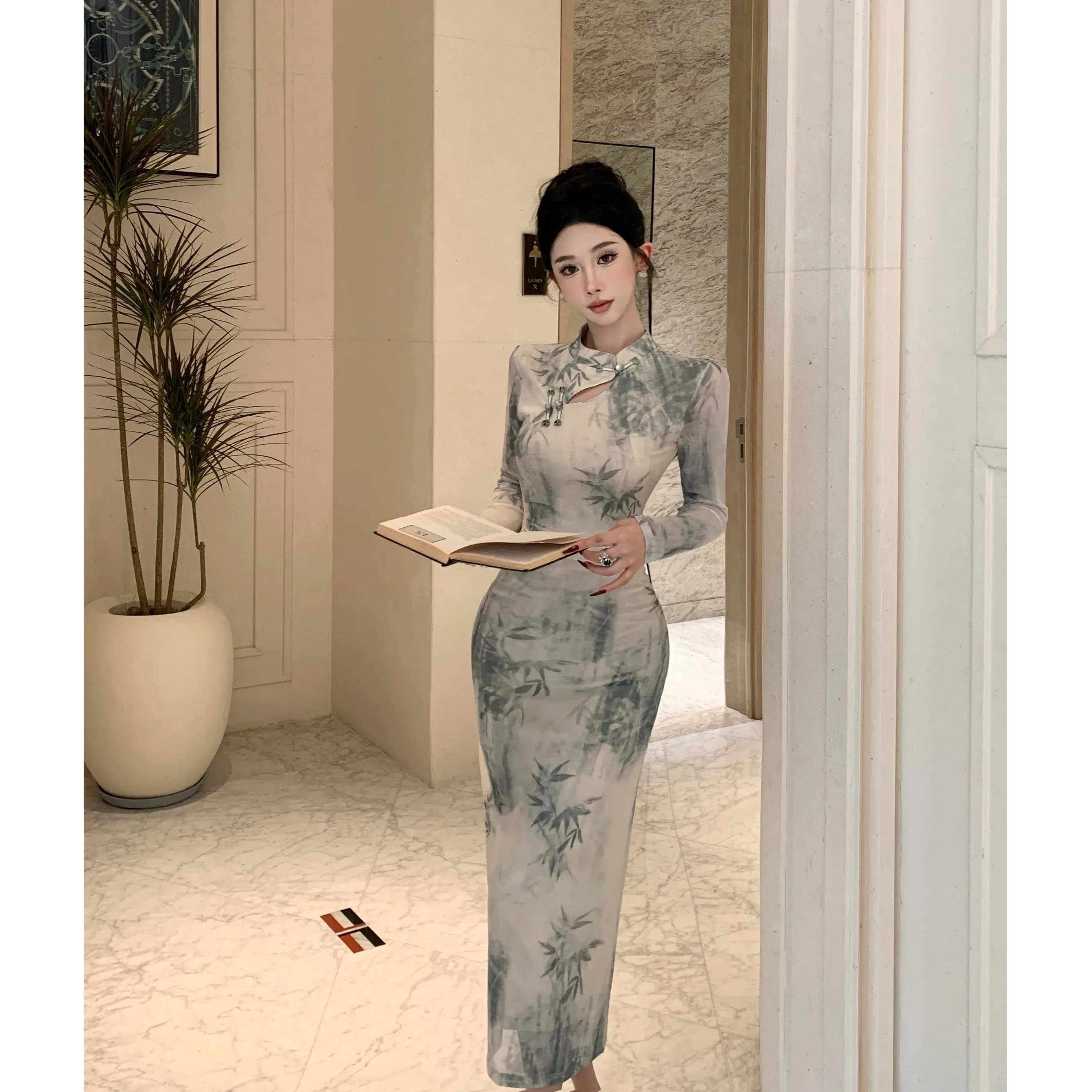Elegant Young Chinese Style Slimming Long Sleeve Hollow out Stand Collar Midi Qipao Dress Breathable Daily Wear Polyester Fiber