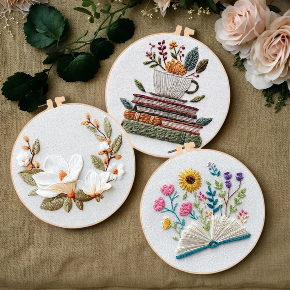 MomoArt DIY Cross Stitch Kit Flower Pattern Embroidery With Hoops Book Teacup Needlework Sunflower Home Bedroom Wall Artwork