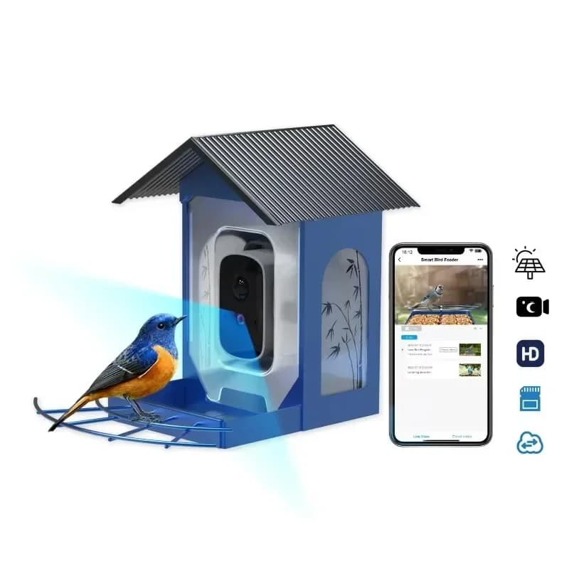 Automatic intelligent bird feeder with night vision high definition camera and solar panel for bird detection