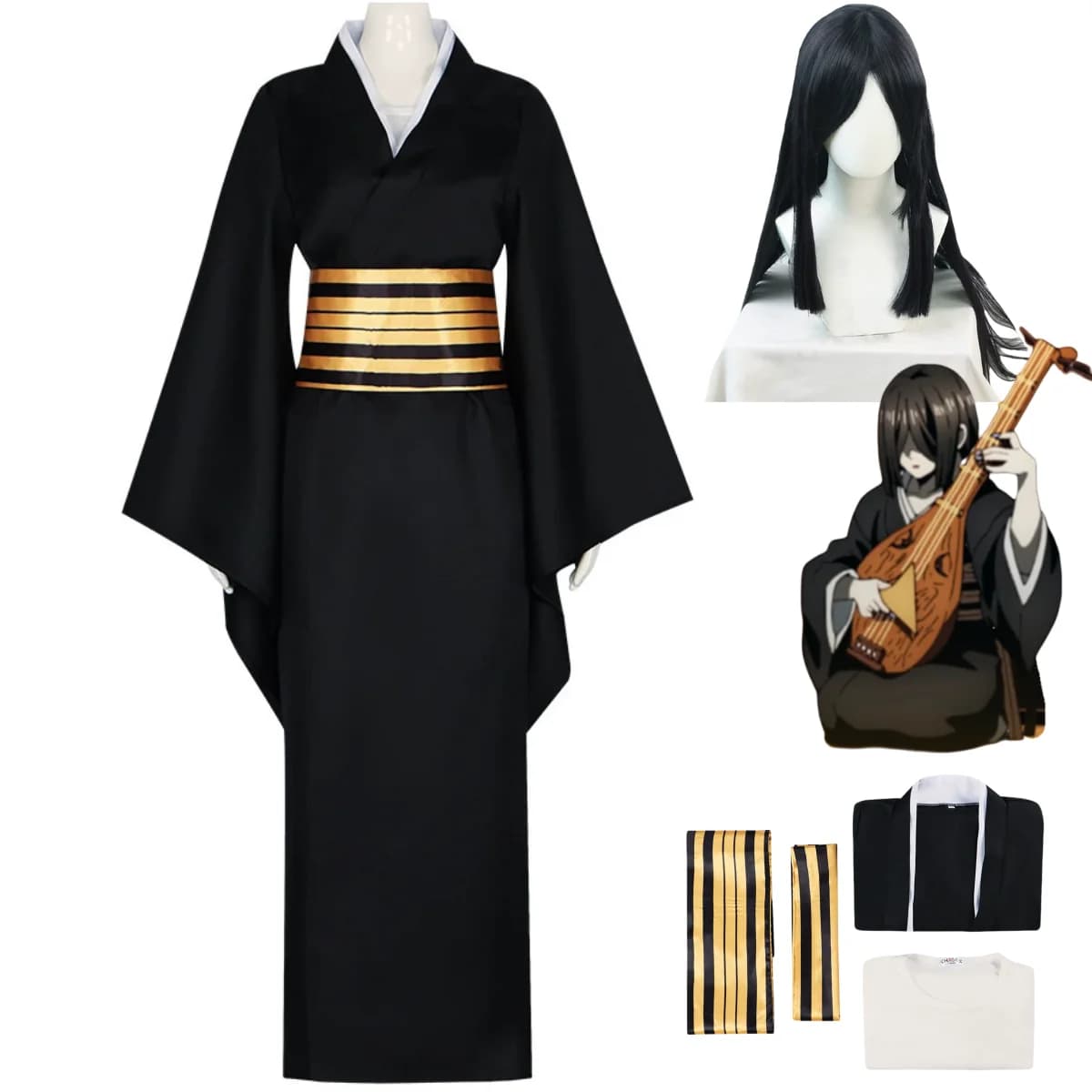 Anime Nakime Costume Cosplay Infinity Castle Pipa Girl Parrucca Kimono nero giapponese Abito Accappatoio Parrucca Donna Vestito di carnevale