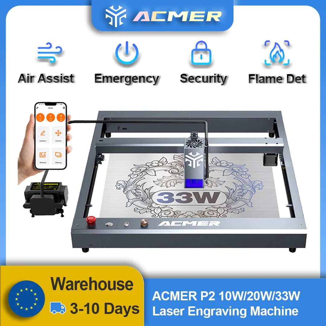 Laser Engraver ACMER P2 33W 20W 10W with Air Assist, Industrial Guides and WIFI - Machine for Engraving and Cutting Wood and Leather for Commercial Use