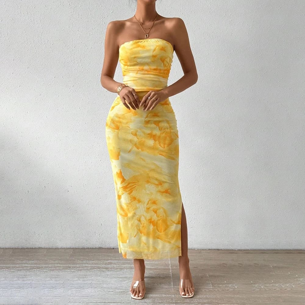 High Waist Slim Fit Printed Dress Asymmetrical Hemline Sleeveless Long Gown Women's Fashion Spring Summer Autumn Winter