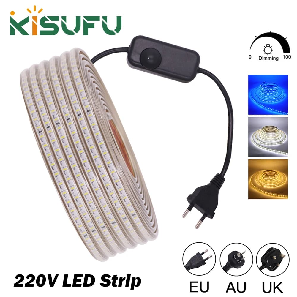 Striscia LED 220V con Dimmer, Spina EU/UK/AU, Bianco Caldo/Blu, Alta Luminosità 120 LED/M, Impermeabile, Nastro LED 3104 per Decorazione Casa e Bar