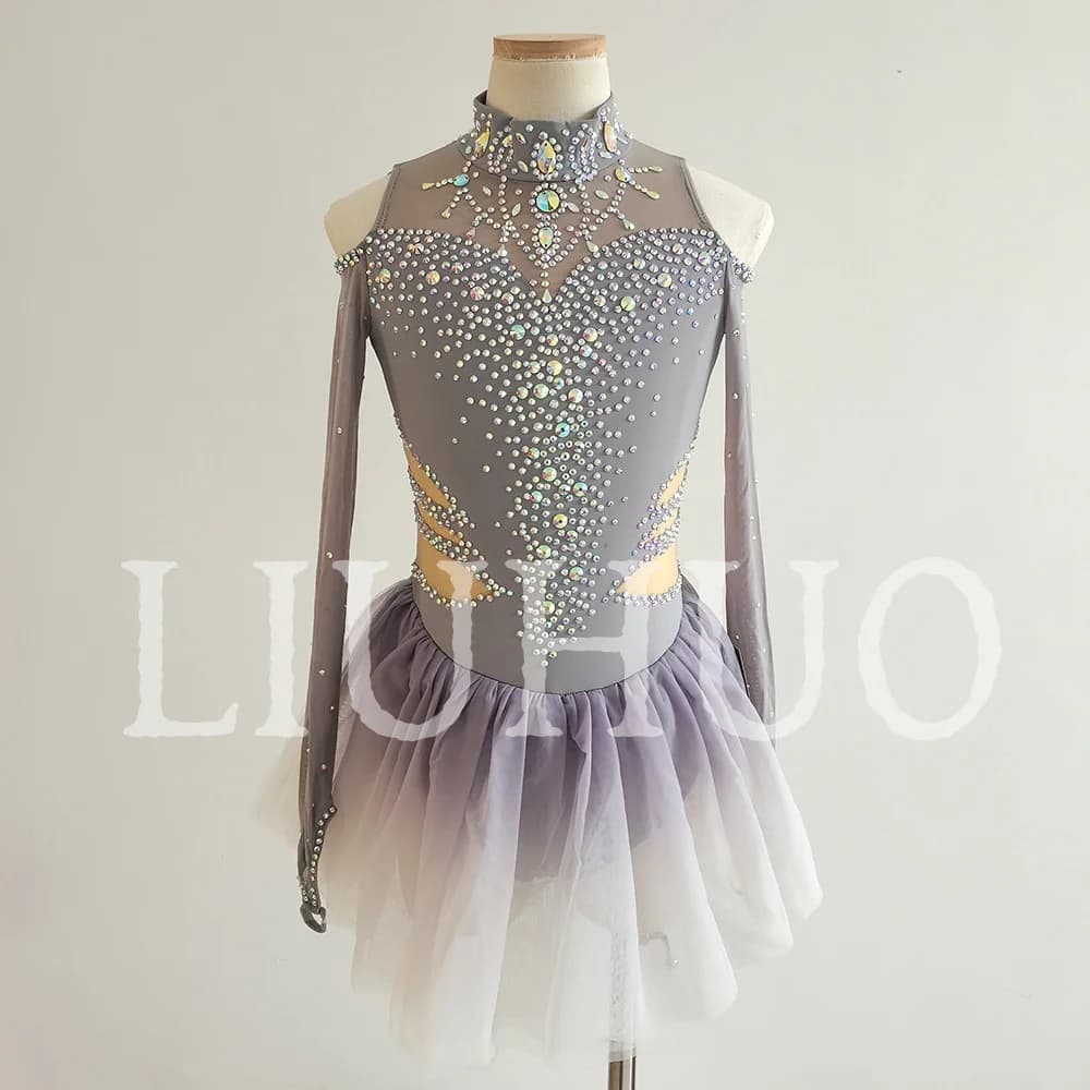 LIUHUO Abito da Pattinaggio Artistico Grigio Sfumato per Ragazze e Donne, Vestito Elasticizzato in Spandex per Competizioni JC327