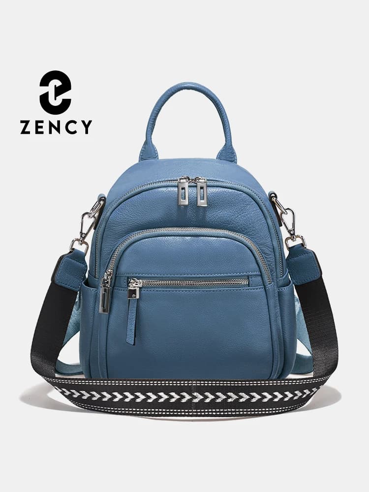Zency Zaino piccolo in vera pelle Zaino con design multitasche Borsa a tracolla convertibile con tracolla larga per viaggi di lavoro pendolari