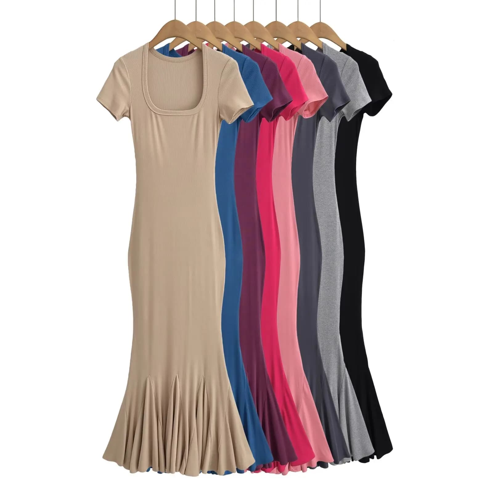 Sweet Stylish U-Neck Slim Fit Fish Tail Skirt Pure Desirable Short Sleeve Long Dress Women's Fashion Casual Spring China Made