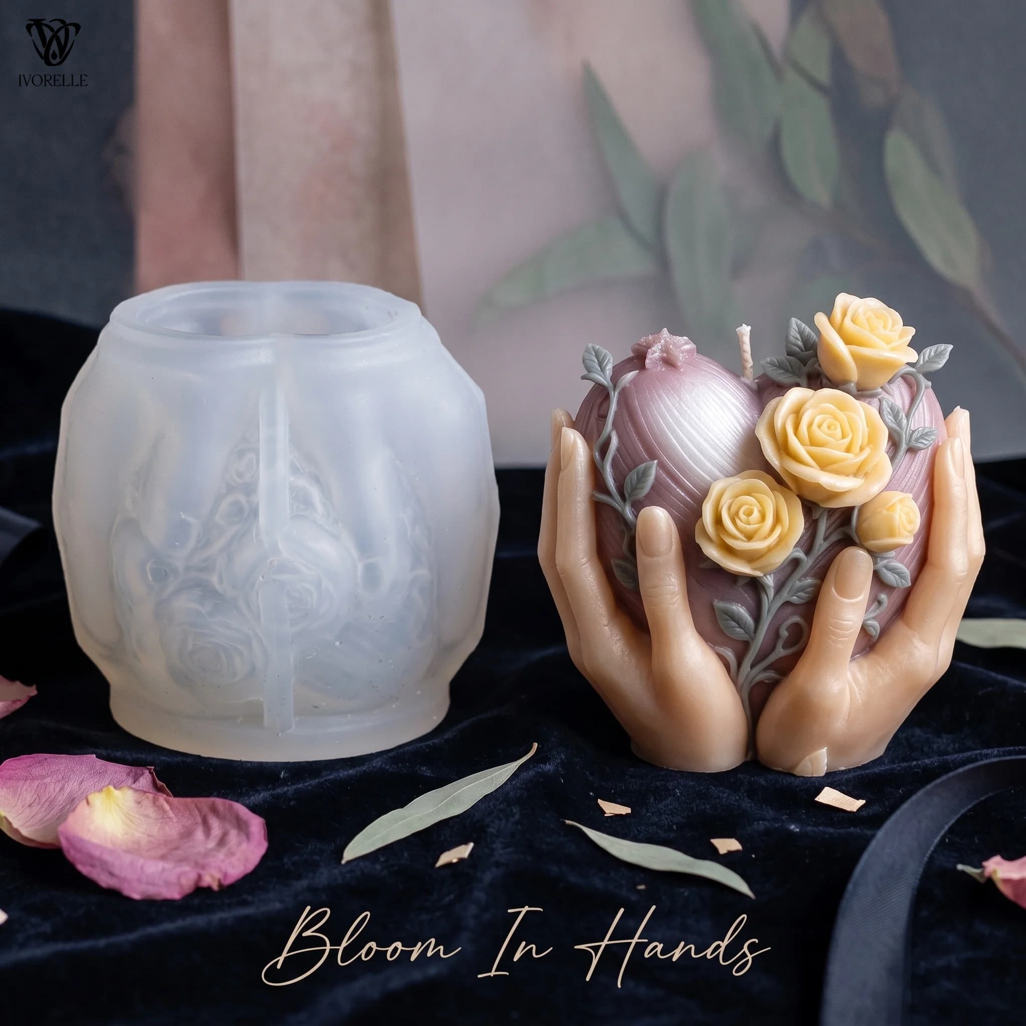 IVORELLE Heart In Hands Silicone Candle Mold Vertical Texture Rose Detail For Wax Resin Plaster Soap DIY Home Decor Craft