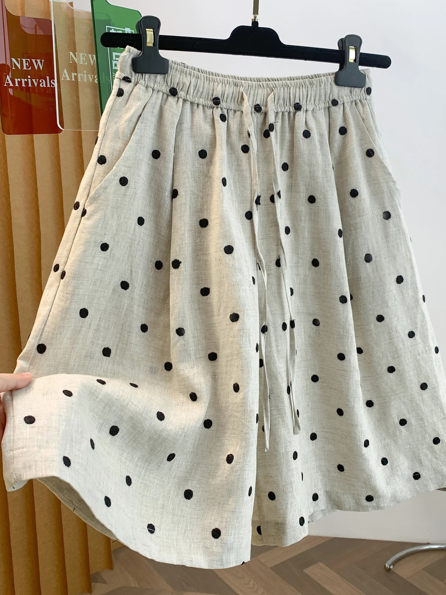 Brand Women's Summer Loose Slimming Wide Leg Casual Pants Checkered Linen Shorts Casual Style Natural Waist Rope Tie