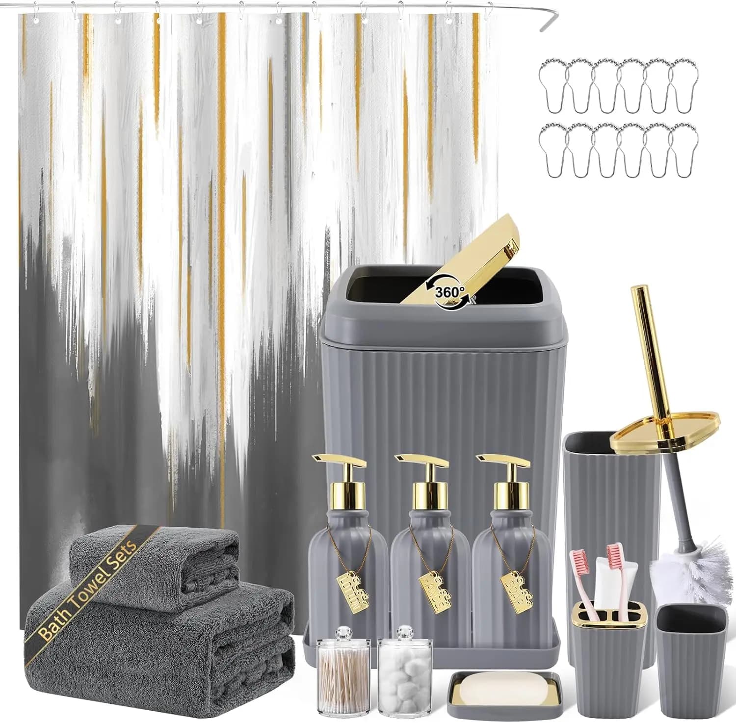 Set da Bagno Grigio da 32 Pezzi con Tenda Doccia, Asciugamani, Dispenser Sapone, Scopino WC e Cestino