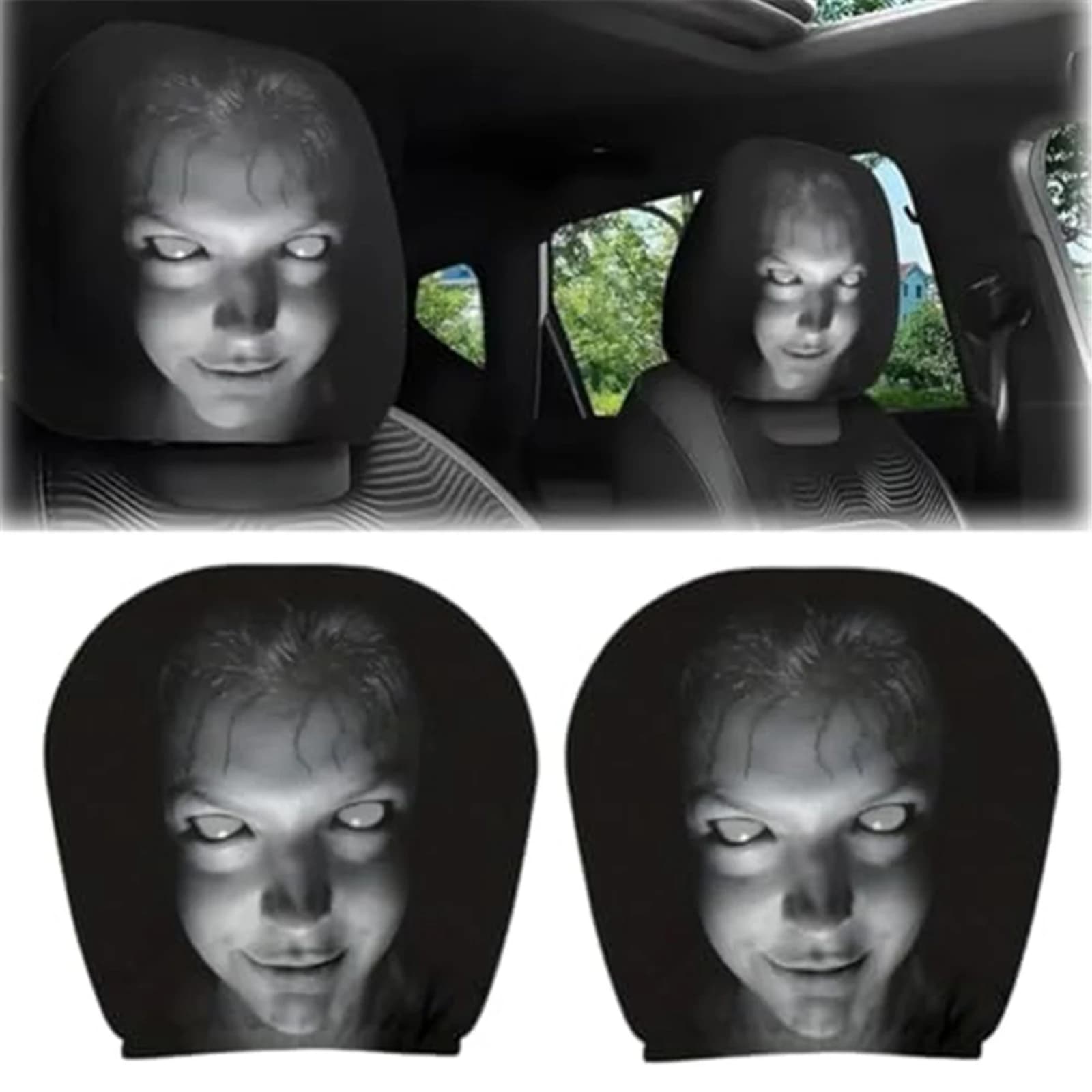 Halloween Car Headrest Cover, Scary Face Printing Car Seat Headrest Cover, Funny Face Masque Head Rest Protector for Sedan SUV