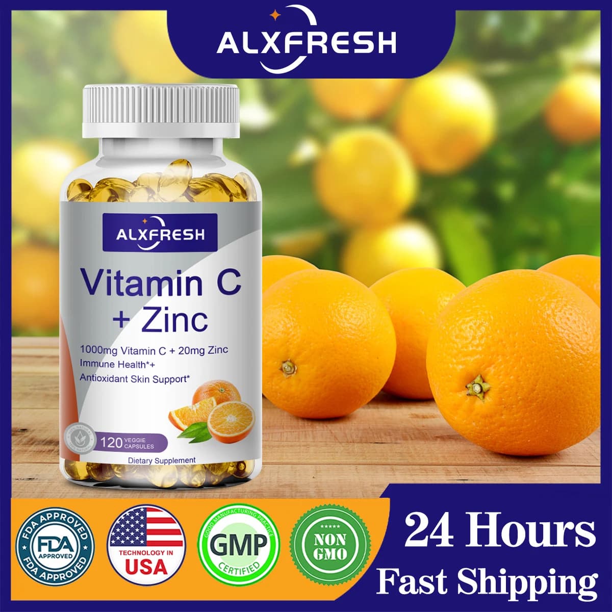 Alxfresh Vitamina C 1000mg con Zinco 20mg | Integratore di dieteria vitaminica | Vegan senza OGM e senza glutine | per i cappucci di supporto immunitario
