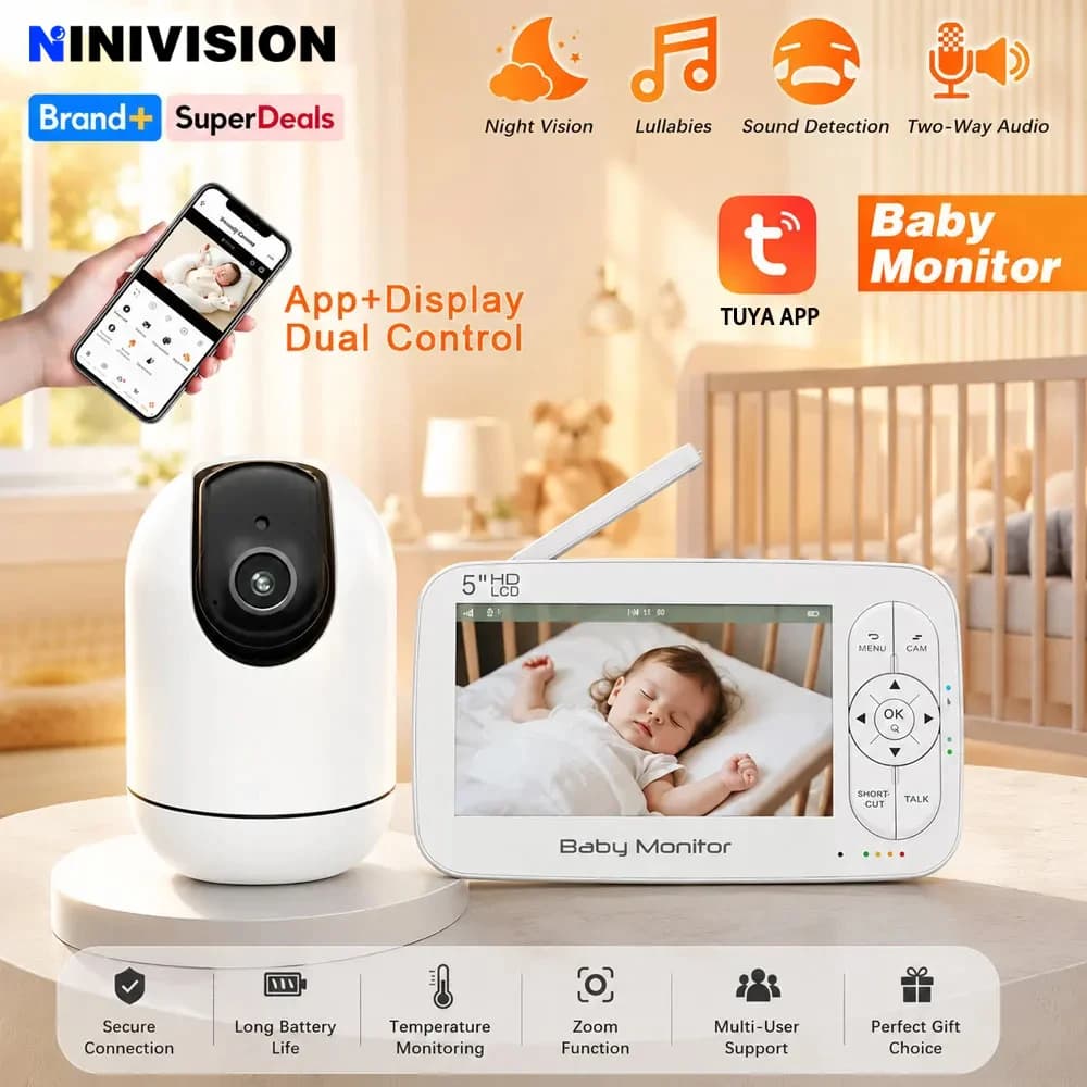 Smart WiFi Baby Monitor 5" LCD Screen 4x PTZ Zoom Tuya APP+Monitor Dual Control Electronic Baby Sitter with Two Way Audio And Ni