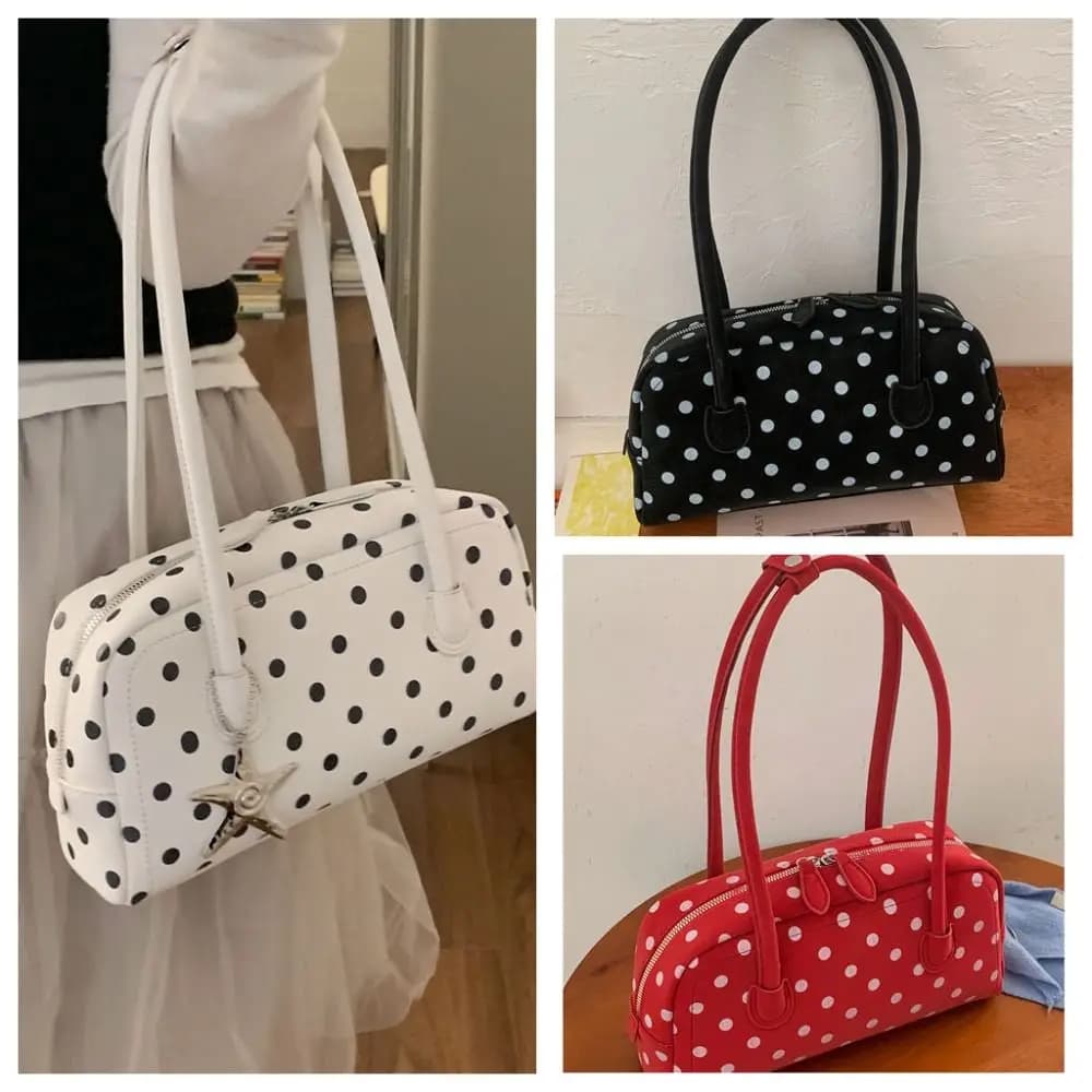 High-quality Vintage Style Polka Dot Handbag PU Leather Large Capacity Tote Bag Star Charm Shoulder Bag Women Fashion