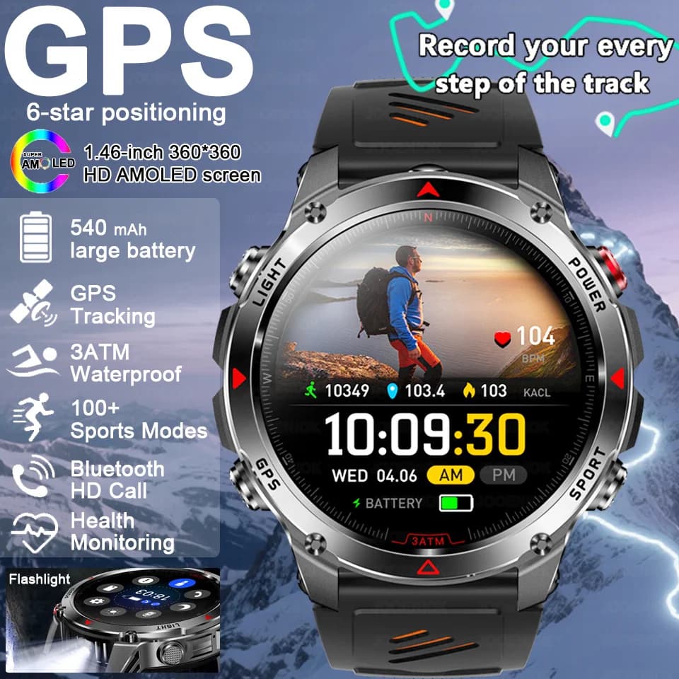 Orologio intelligente militare da esterno da uomo GPS integrato 1.46 "AMOLED bussola altimetro BT chiamata 3ATM orologio impermeabile LED sportivo Smartwatch