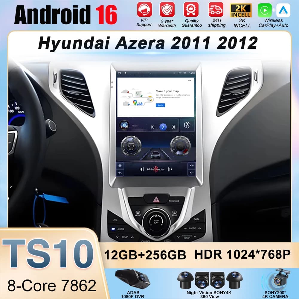 Schermo Android 16 da 9,7 pollici per Hyundai Azera 2011 2012, autoradio multimediale con Android Auto e Carplay, sistema di navigazione.