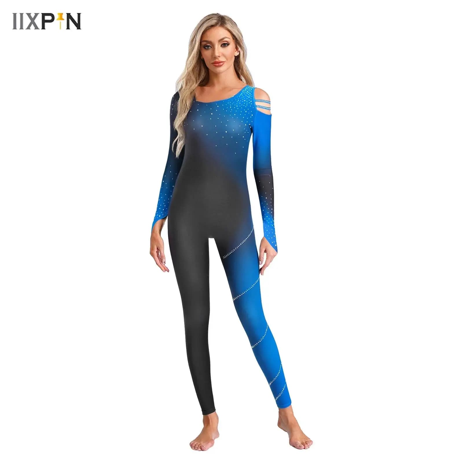Tuta da donna con strass scintillanti a blocchi di colore sfumato Tuta da ginnastica Pattinaggio di figura Body da ballo Performance Unitard