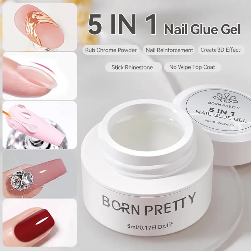 BORN PRETTY 5ml 5 IN 1 Top Coat Senza Residui Gel Rinforzante per Unghie Crea Forme 3D Adesivi per Strass Gel per Nail Art