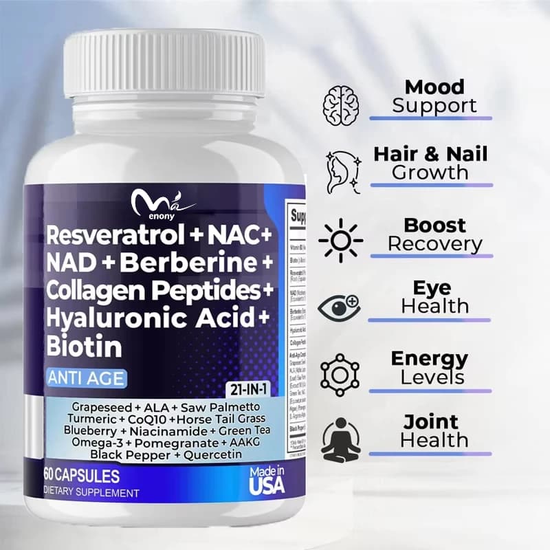 Capsule di Integratori per Capelli, Unghie, Pelle e Articolazioni con Resveratrolo, NAD Aspartato, Acido Ialuronico, Peptidi di Collagene da Uva e Mirtillo