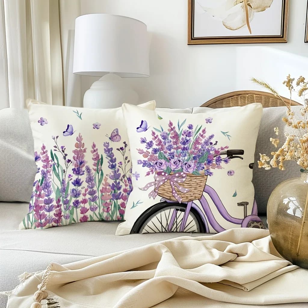 Set di 4 Federe Decorative con Motivo Stile Lavanda da Sogno, Copricuscini in Poliestere con Cerniera per Soggiorno e Divano