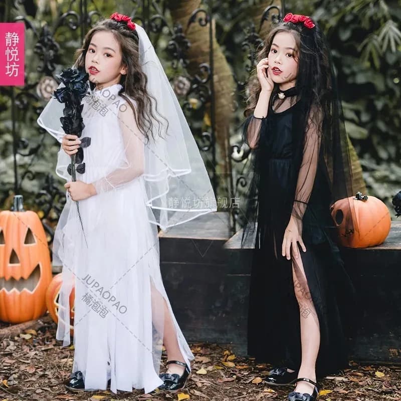 Costume da sposa fantasma Abito da sposa zombie Costume di Halloween per bambini Ragazze Costume da strega bianco nero Abito da sposa fantasma diavolo scuro