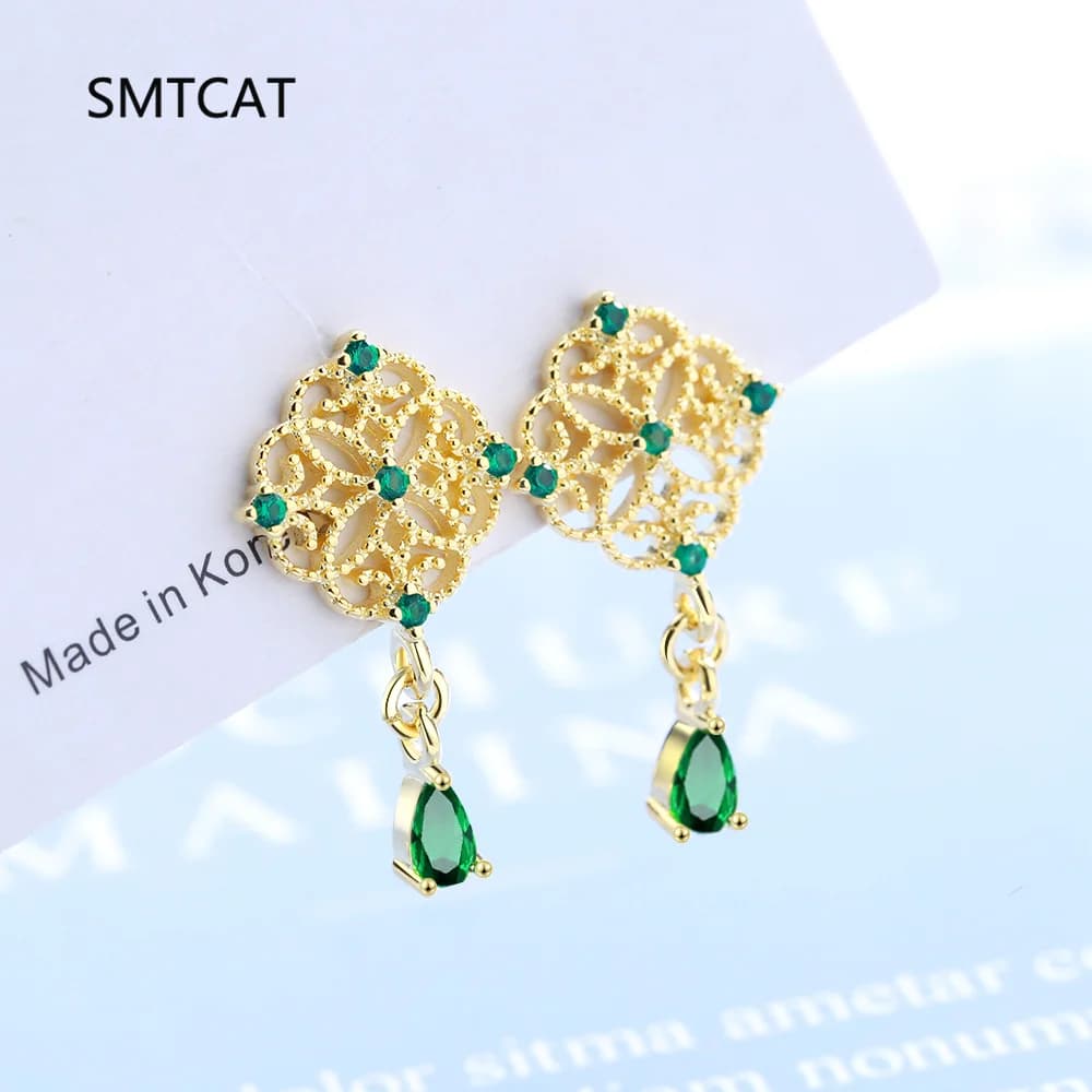 Orecchino a bottone Waterdrop con motivo floreale in argento sterling 925 con nano smeraldo simulato verde con taglio a pera per gioielli da donna con pietre preziose