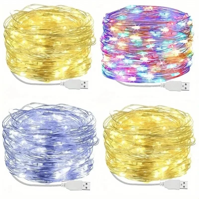 Luci a stringa LED USB con filo in rame argentato, luci natalizie a LED per decorazioni di Natale, matrimoni e feste