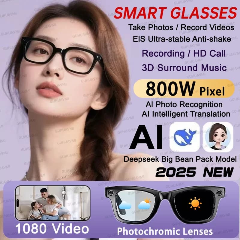 Nuovi Occhiali Smart AI 800W con Fotocamera, Traduzione Vocale AI, Chiamate Bluetooth, WiFi, 4K HD, Impermeabili, Anti Luce Blu, per Uomo e Donna